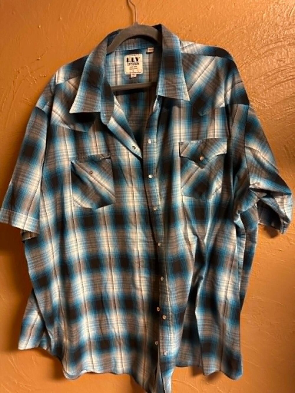 Ely Cattleman Western Shirt Plaid Short Sleeve Big Tall 4XL Pearl Snap #196